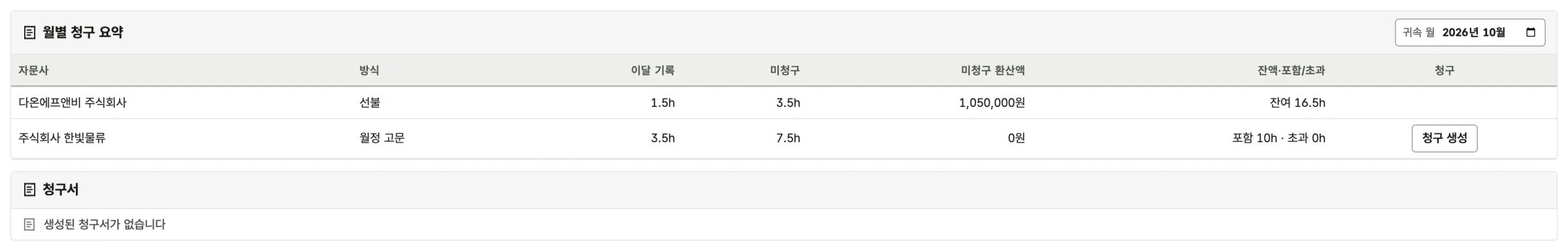 청구 탭의 월별 청구 요약. 선불 자문사는 이달 기록, 미청구 시간, 미청구 환산액, 잔여 시간이, 월정 고문 자문사는 포함 시간과 초과 시간, 청구 생성 버튼이 표시되어 있다.