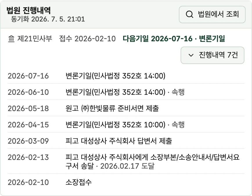 법원 진행내역 화면. 재판부와 접수일, 다음기일이 요약되고 소장접수부터 변론기일까지 진행내역 7건이 날짜순으로 나열되어 있다.